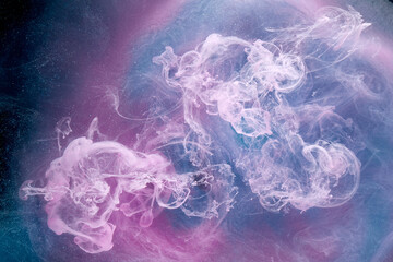 Lilac smoke on black ink background, colorful pink fog, abstract swirling touch ocean sea, azure...