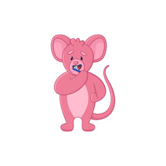 Cute pink mouse cartoon character brushing teeth sticker. Adorable comic rat with toothbrush, morning routine flat vector illustration isolated on white background. Emotions, animals concept