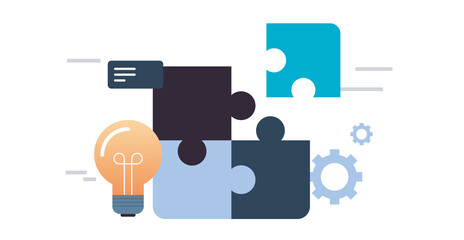 Problem solving metaphors and effective teamwork, career development, solution development, partnership, goals concept flat illustration.
