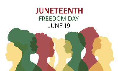 Juneteenth Freedom day banner. Silhouettes of african american persons in profile. African men and women. June 19 holiday. Vector poster illustration