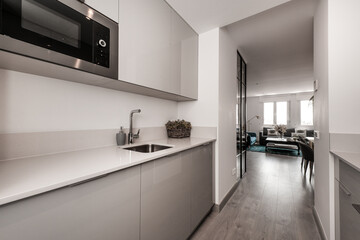 Kitchen with gray gloss wood cabinets, smooth white stone countertop, and stainless steel drop-in sink with microwave