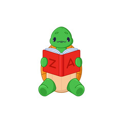 Cute turtle cartoon character reading alphabet book sticker. Adorable comic tortoise studying or learning alphabet flat vector illustration isolated on white background. Emotions, animals concept