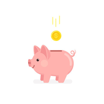 Cute piggy bank with falling gold coin. Vector illustration isolated on white background