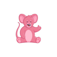 Happy pink mouse cartoon character giving thumbs up sticker. Cute smiling comic rat giving approval flat vector illustration isolated on white background. Emotions, animals concept