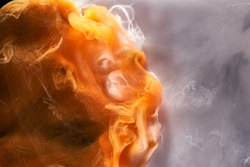 Orange white black smoke background, colorful fog, abstract swirling ink ocean sea, acrylic paint pigment underwater © amixstudio