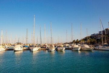 Beautiful marina with yachts on sunny day in Finike, Antalya, Turkey 