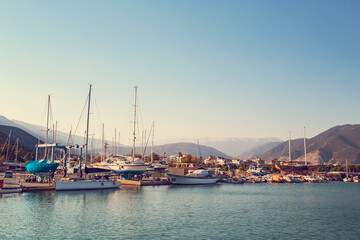 Fototapeta na wymiar Beautiful marina with yachts on sunny day in Finike, Antalya, Turkey 