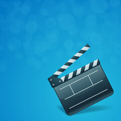 Vector illustration of opened empty movie clapper board representing concept of film making and video production on bokeh blue background