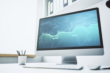 Fototapeta premium Modern computer screen with creative statistics data hologram, stats and analytics concept. 3D Rendering