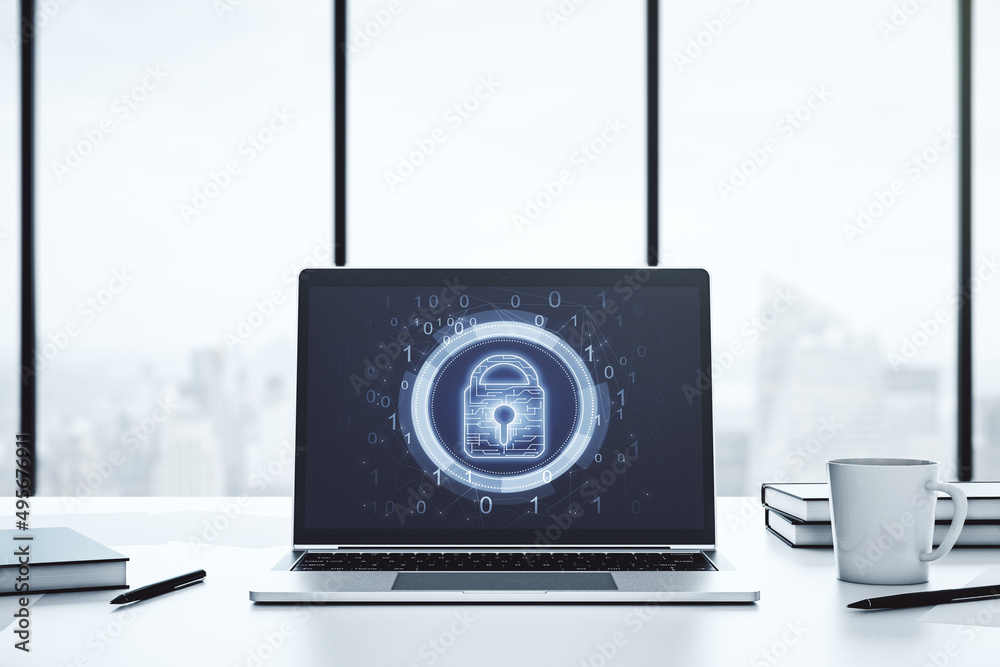Wall mural modern computer monitor with creative lock hologram and chip. information security concept. 3d rende