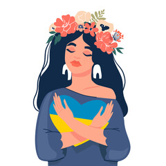 The girl hugs a heart with the colors of the flag of Ukraine. The concept of stay with Ukraine . There is no war. Support for Ukraine. Vector illustration. Isolated.