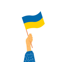 Hand holding the flag of Ukraine. The concept of stay with Ukraine . There is no war. Support for Ukraine. Vector illustration. isolated.