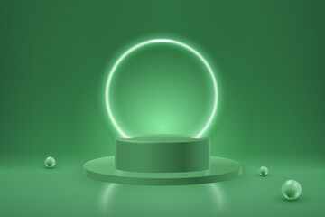Green podium with glowing round frame. Glowing lighting and spheres. Mock up scene of geometry shape platform