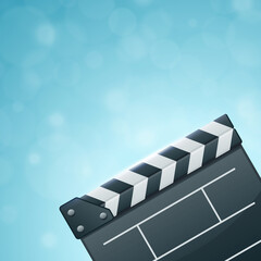 Fototapeta premium Vector illustration of opened empty movie clapper board representing concept of film making and video production on bokeh blue background
