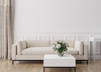 Fototapeta na wymiar Empty white wall in modern living room. Mock up interior in contemporary style. Free, copy space for picture, poster, text, or another design. Sofa, table, flowers. 3D rendering.