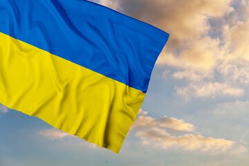 Ukraine flag symbol on blue sky. Yellow-blue Ukrainian state flag, Independence Day National day.