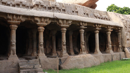 Close up shot of Krishna Mandapam columns at Arjuna's Penance Mahabalipuram