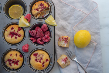 Freshly baked blueberry ricotta muffins with lemon