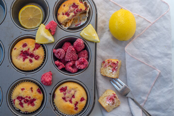 sweet vanilla raspberry muffins on a table