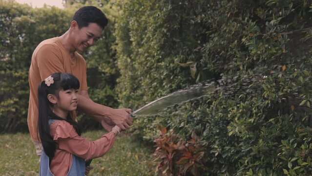 Happy Asian family of father and daughter watering the plants abd bush at home. Spending time together in garden