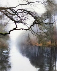 Watercolor and pastel drawing Finland  nature landscape, mystical foggy forest, autumn trees trend popular print for poster, textile or canvas. Modern fine arts design wallpaper. Wall art oil painting