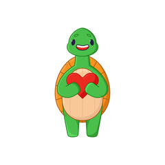 Adorable turtle cartoon character holding heart sticker. Cute comic tortoise smiling and giving love flat vector illustration isolated on white background. Emotions, animals concept