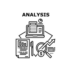 Analysis Report Vector Icon Concept. Accountant Analysis Report, Calculating Income And Expenses On Calculator Device, Entrepreneur Research And Analyzing Sales Infographic Black Illustration
