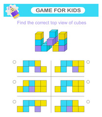 Find the correct top vıew of cubes. Logic game. Attention tasks for children. IQ training test