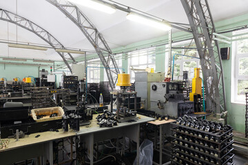 Automobile assembly production. Engine factory. Plant concept and interior. Industrial scenery background