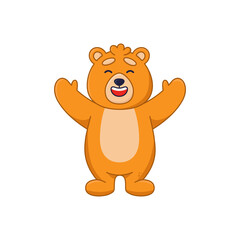 Friendly bear cartoon character smiling and greeting sticker. Cute funny forest animal laughing and raising paws flat vector illustration isolated on white background. Wildlife, emotions concept