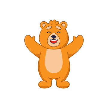 Friendly bear cartoon character smiling and greeting sticker. Cute funny forest animal laughing and raising paws flat vector illustration isolated on white background. Wildlife, emotions concept