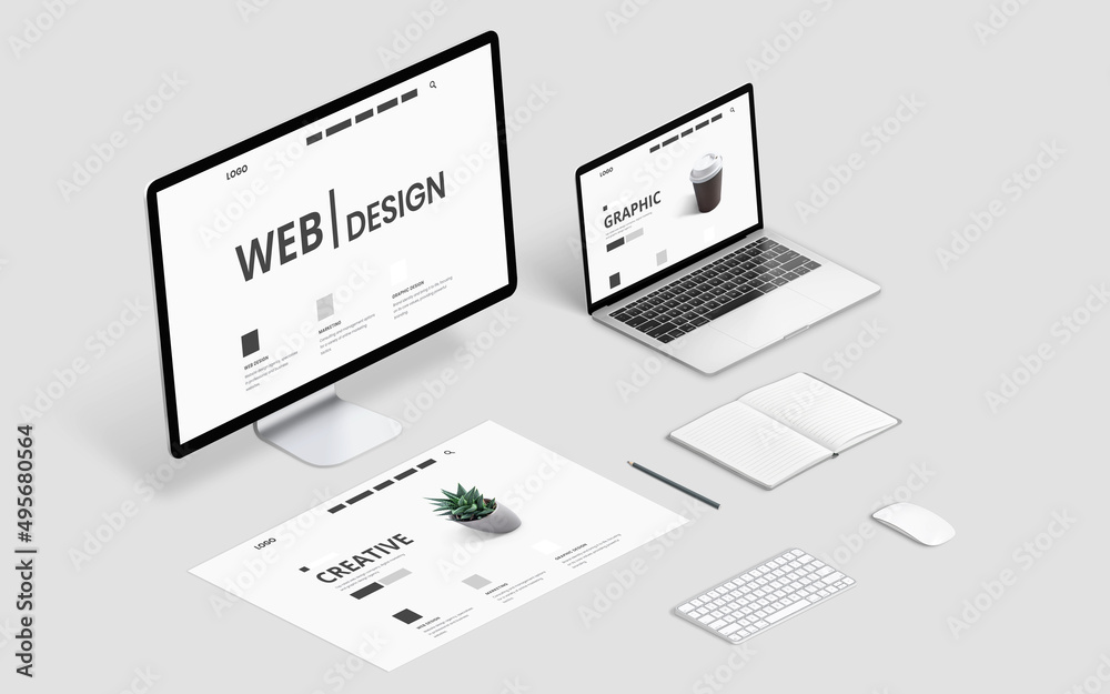 Poster Isometric web design studio desk with computer display, laptop and concept page layout