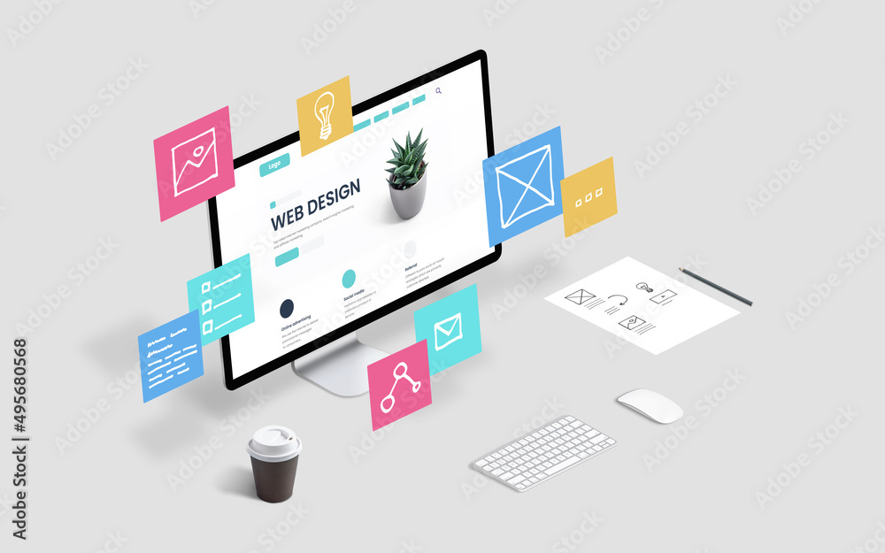 Aufkleber Creative web design studio with flying web page layout elements concept