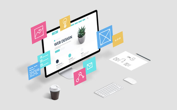 Creative web design studio with flying web page layout elements concept