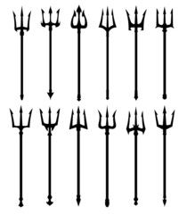 Devil trident fork silhouettes, Poseidon, Neptune or Triton spear weapon, vector pitchfork icons. Marin trident as nautical symbol of sea and ocean god, nautical harpoon or Zeus pitchfork - obrazy, fototapety, plakaty