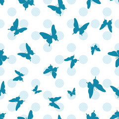 Vector butterfly seamless repeat pattern, blue background.