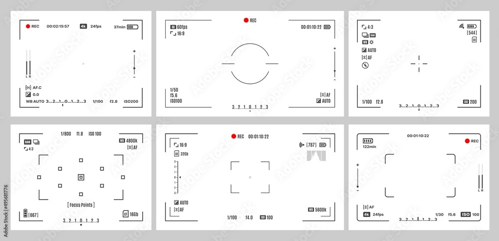 Poster photo or video camera viewfinder screen set. vector display frame, focus and grid, zoom, shutter, pr