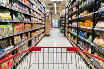 Shopping cart view in supermarket. Supermarket aisle trolley view.