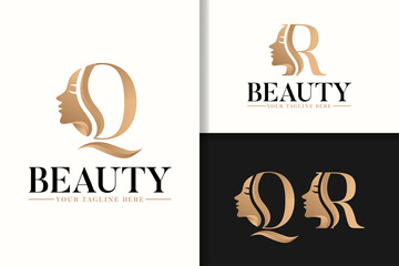 Feminine monogram logo with woman silhouette letter q and r