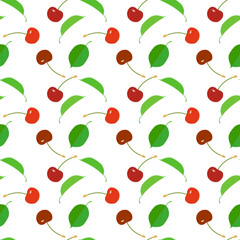 白い背景に赤いサクランボと緑の葉のシームレスパターン