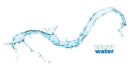 Fototapeta na wymiar Isolated transparent blue water wave splash of blue long flow with drops, realistic vector. Splashing water spill or pour wave with splatters of clean pure aqua and fresh crystal drink droplets