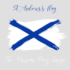 St Andrews's vector watercolor flag icon. The Russian Navy ensign. Hand drawn ink illustration with dry brush stains, strokes, spots, blue cross lines isolated on gray background. Painted texture. - 495682988