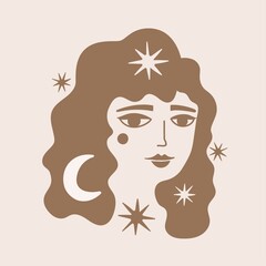 Vector illustration with beautiful young woman head with moon and stars in hair. Vintage fashion print design with girl