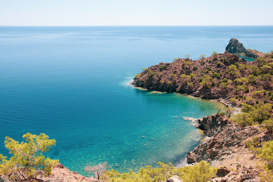 Amazing view of the turquoise water bay in Cirali, Lycian Way, Antalia region, Turkey