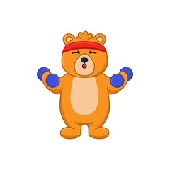 Funny bear cartoon character lifting dumbbells sticker. Cute orange comic forest animal exercising or doing sports flat vector illustration isolated on white background. Wildlife, emotions concept