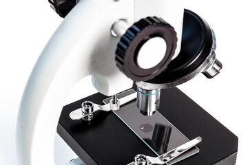 Lens of microscope close up. Research in scientific medical laboratory