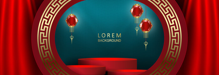 Red abstract illustration with stage and frame in golden shade, lanterns on pendants