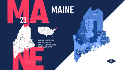 23 of 50 states of the United States, divided into counties with territory nicknames, Detailed vector Maine Map with name and date admitted to the Union, travel poster and postcard