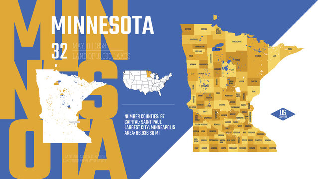 32 of 50 states of the United States, divided into counties with territory nicknames, Detailed vector Minnesota Map with name and date admitted to the Union, travel poster and postcard