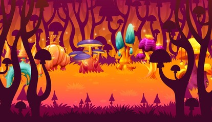 Magic luminous mushrooms game level vector landscape. Fantasy forest and meadow scene location with cartoon mushrooms, fungi plants, shrooms on glowing grass, fairy or alien planet background, game ui